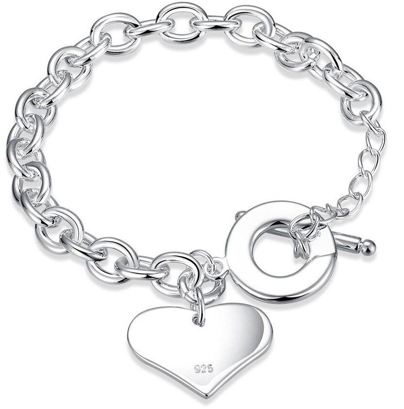 Valentines 925 Sterling Silver Womens Elegant Heart Link Bracelet w GiftPk D483A