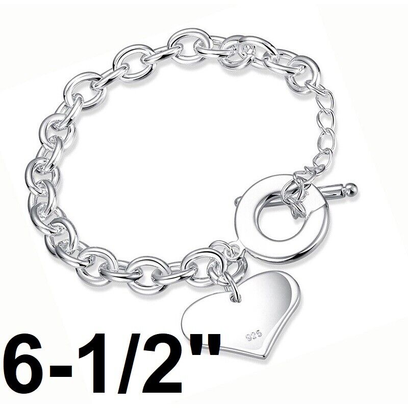 925 Sterling Silver Chain Link Heart Bracelet Womens Kids Large 5"- 7"- 8" D483B