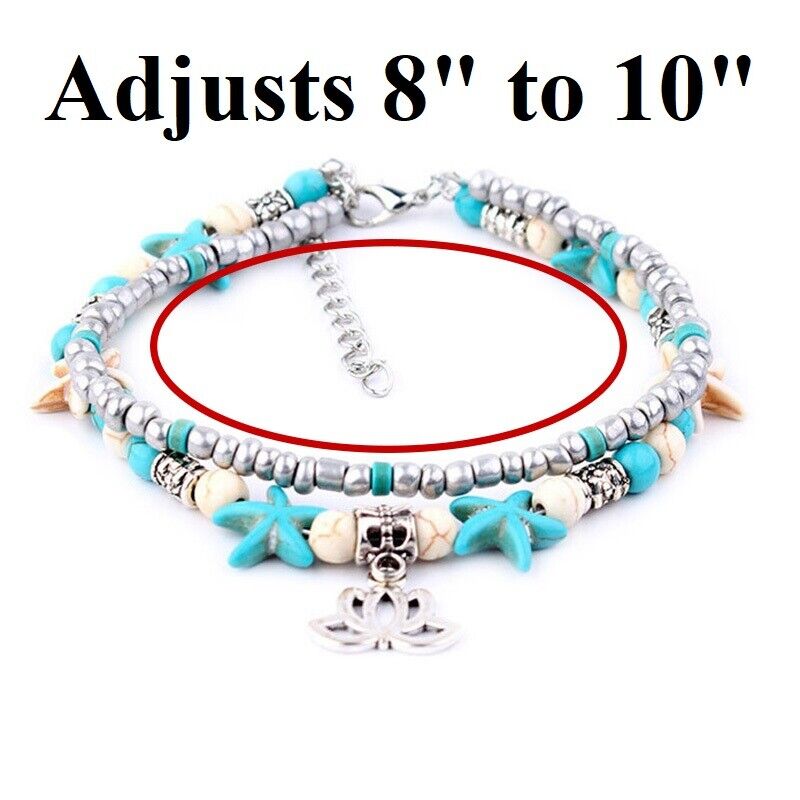 Womens Starfish Flower Silver Bead Anklet Ankle Bracelet Adjusts 8" to 10" D603