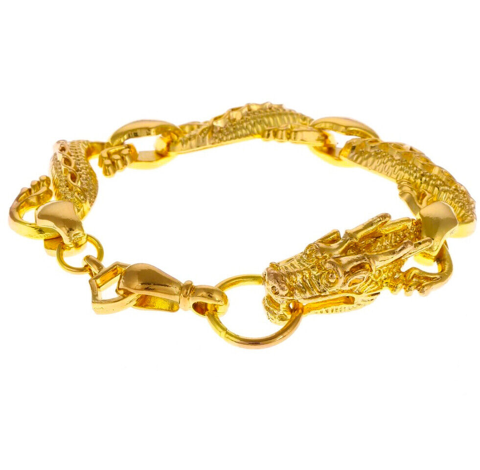 18k Yellow Gold Small 7" Dragon Link Chain Bracelet Mens Women's w Gift Pkg D215