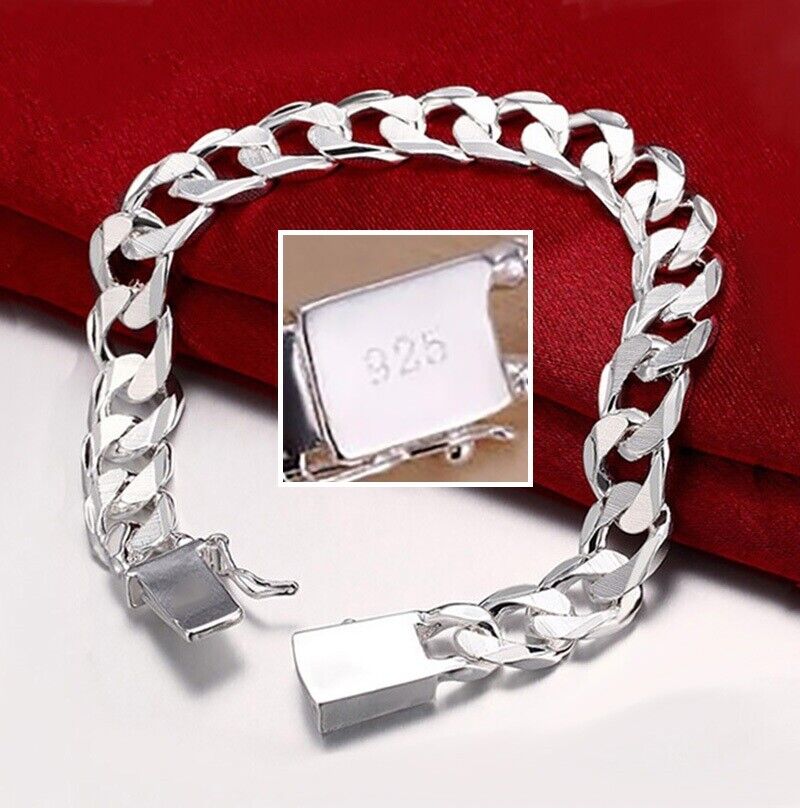 925 Sterling Silver Cuban Link Chain Womens 10mm Bracelet w Gift Pkg D454