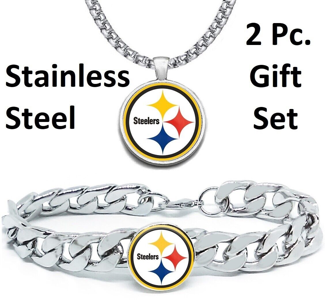 Large Pittsburgh Steelers Mens Gift Set Stainless 24" Necklace Bracelet D4D30