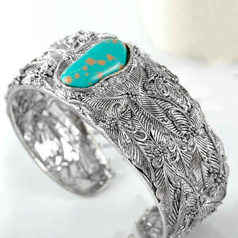 Sterling Silver Oxidized Blackened Green Turquoise Women's Flower 7" Bangle D987