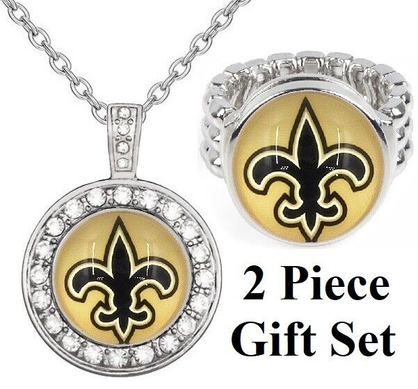 New Orleans Saints Gift Set Womens 925 Sterling Silver Necklace With Ring D18D2