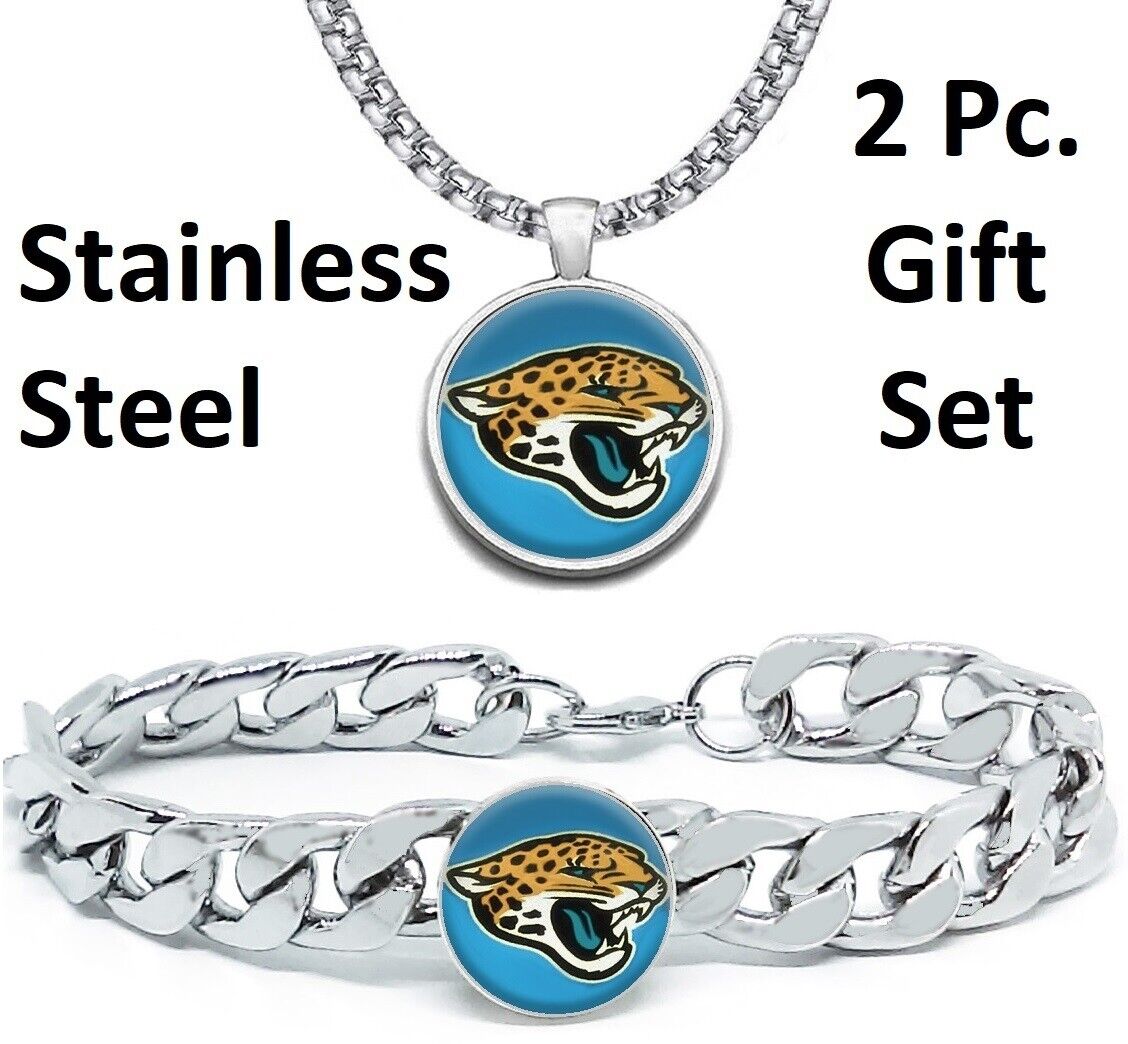 Jacksonville Jaguars Mens Gift Set Stainless 24" Necklace Bracelet D4D30