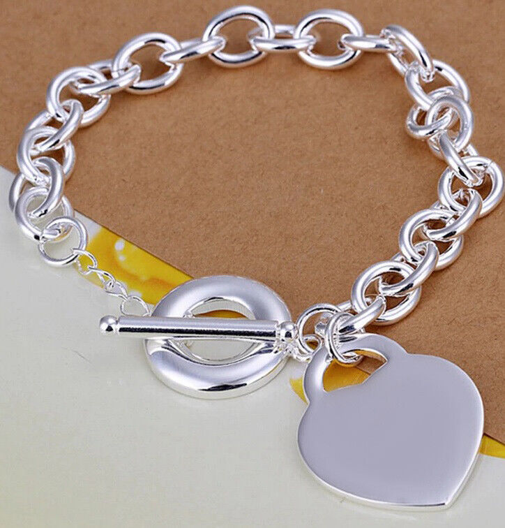 925 Sterling Silver Women's Love Heart Love Bracelet Bangle  w Gift Pkg D678