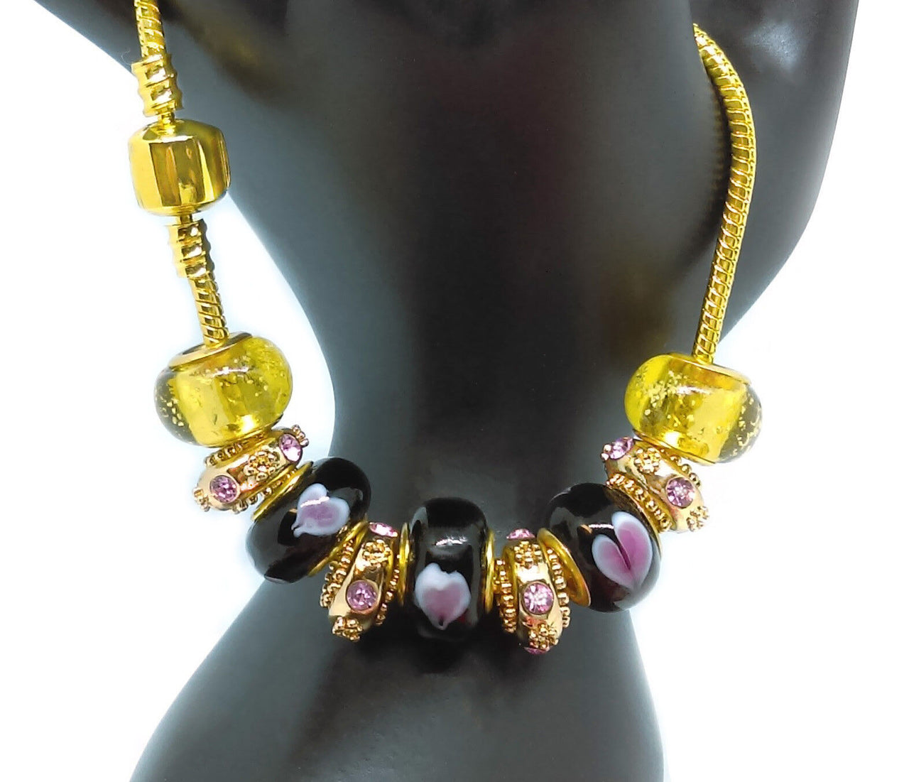 24k Yellow Gold Womens Link Chain Bracelet Murano Beads Pink Crystals +GiftPkg