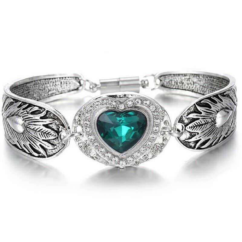 Emerald Heart Women's Sterling Silver Bracelet Bangle w Magnetic Clasp D3