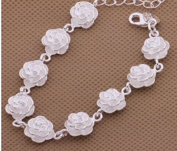 Mothers Day 925 Sterling Silver Womens Flower Links Chain Bracelet D455C