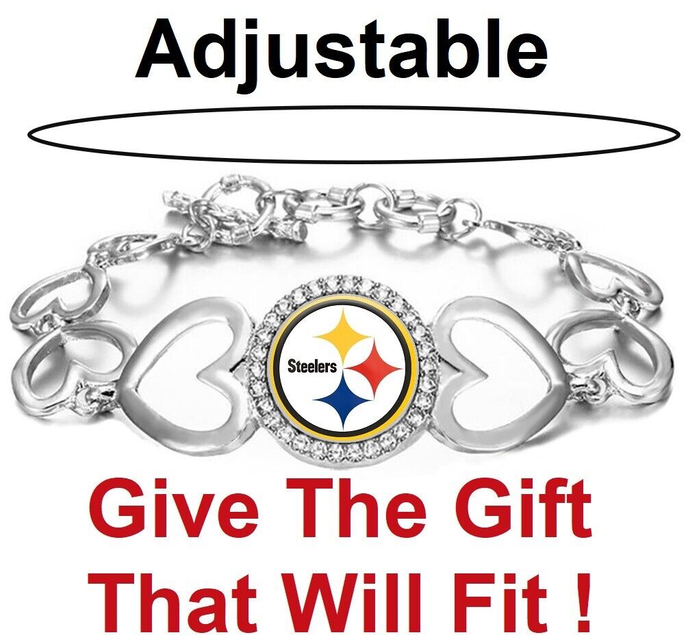 Pittsburgh Steelers Womens Silver Heart Link Adjust. Bracelet W Gift Pkg D27