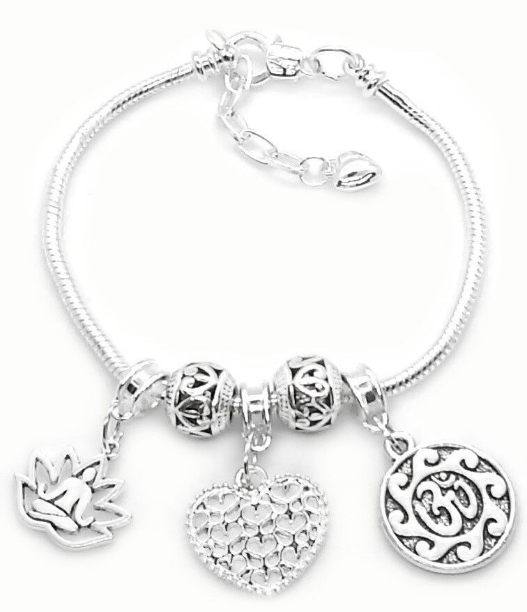 925 Sterling Silver Yoga Snake Chain Bracelet With Elegant Yoga Charms +GiftPkg