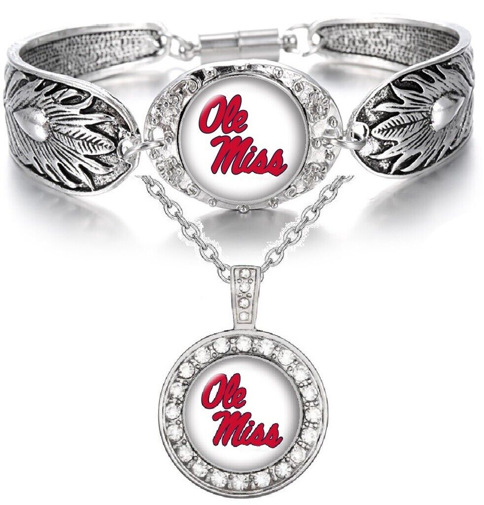 Ole Miss Mississippi Rebel Women 925 Sterling Silver Necklace Bracelet Set D3D18
