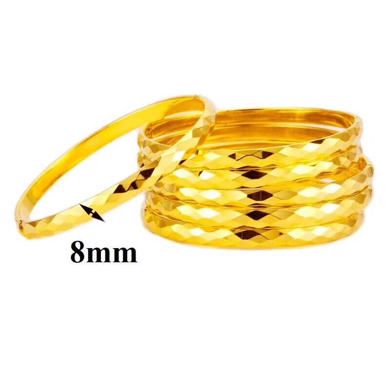 2 Pc Set 24k Gold Bangle Womens Diamond Cut Pattern Opening w Gift Pkg D489