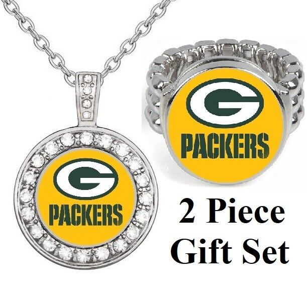 Green Bay Packers Gift Set Womens 925 Sterling Silver Necklace With Ring D18D2