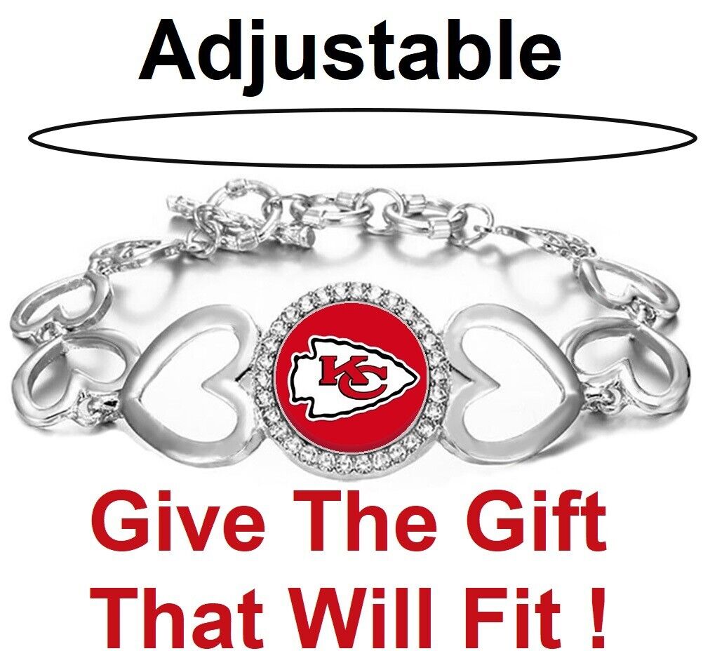 Kansas City Chiefs Womens Silver Heart Link Adjust. Bracelet Gift W Gift Pkg D27