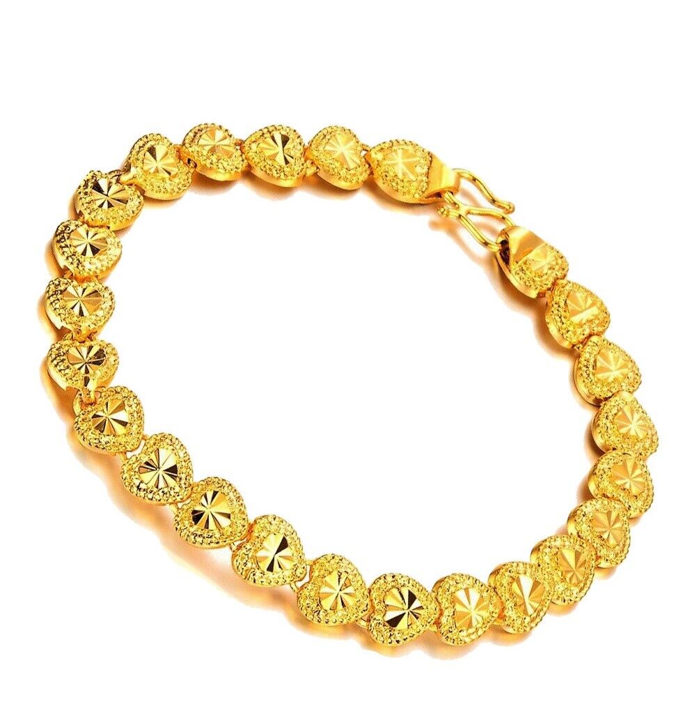 24k Yellow Gold Elegant 7-1/2" Linked Hearts Chain Womens Bracelet w GiftPk D149