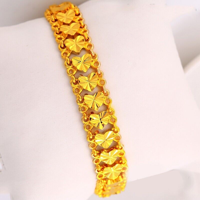 24k Yellow Gold Womens Bracelet Linked Hearts Chain 10mm Wide w Gift Pkg D741