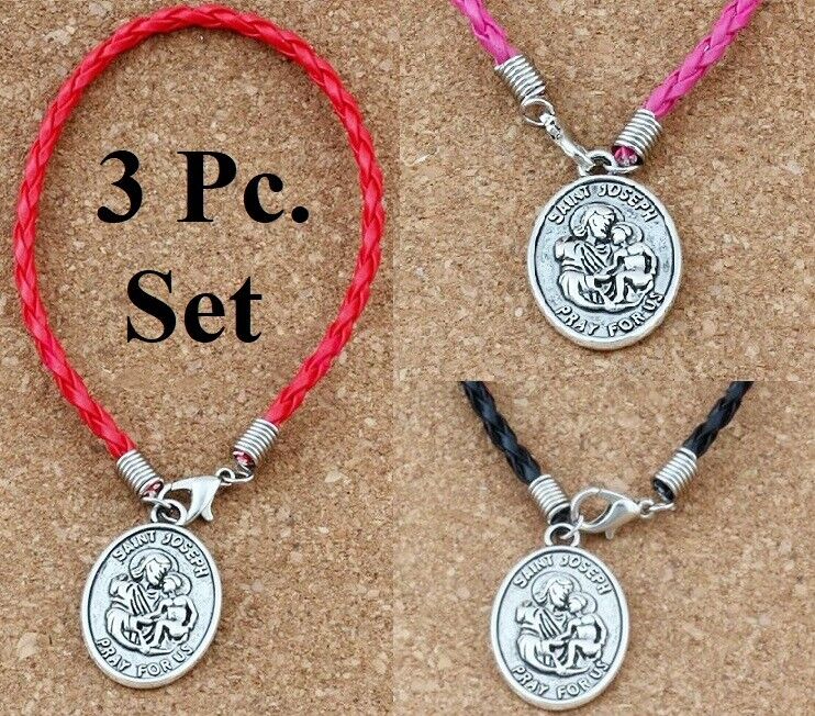 3 Pc Set Saint Joseph Leather Unisex Bracelet Protector Of Virgin Mary D699