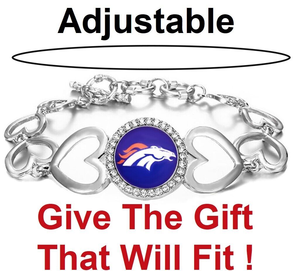 Denver Broncos Womens Silver Heart Link Adjust. Bracelet W Gift Pkg D27