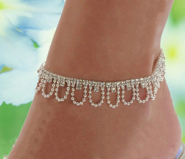 Silver Women's Elegant Crystal Beaded Chain 8" To 10" Anklet Ankle Bracelet D595