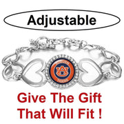 Auburn Tigers Tide Womens Silver Heart Link Adjust. Bracelet W Gift Pkg D27