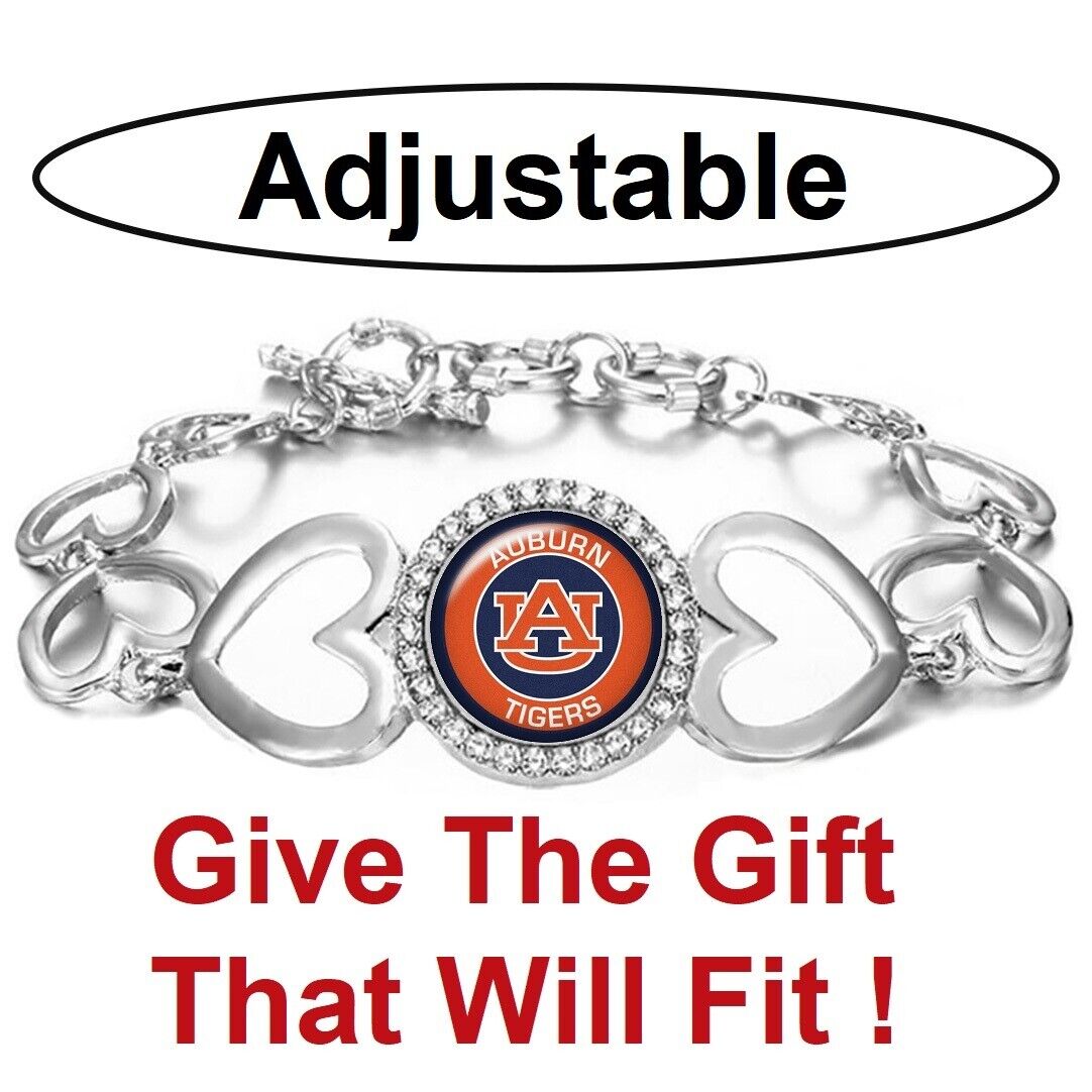 Auburn Tigers Tide Womens Silver Heart Link Adjust. Bracelet W Gift Pkg D27