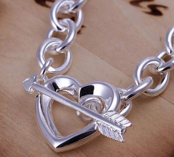 Mothers 925 Sterling Silver Womens Heart Charm Small 6 1/2" Bracelet Bangle D129