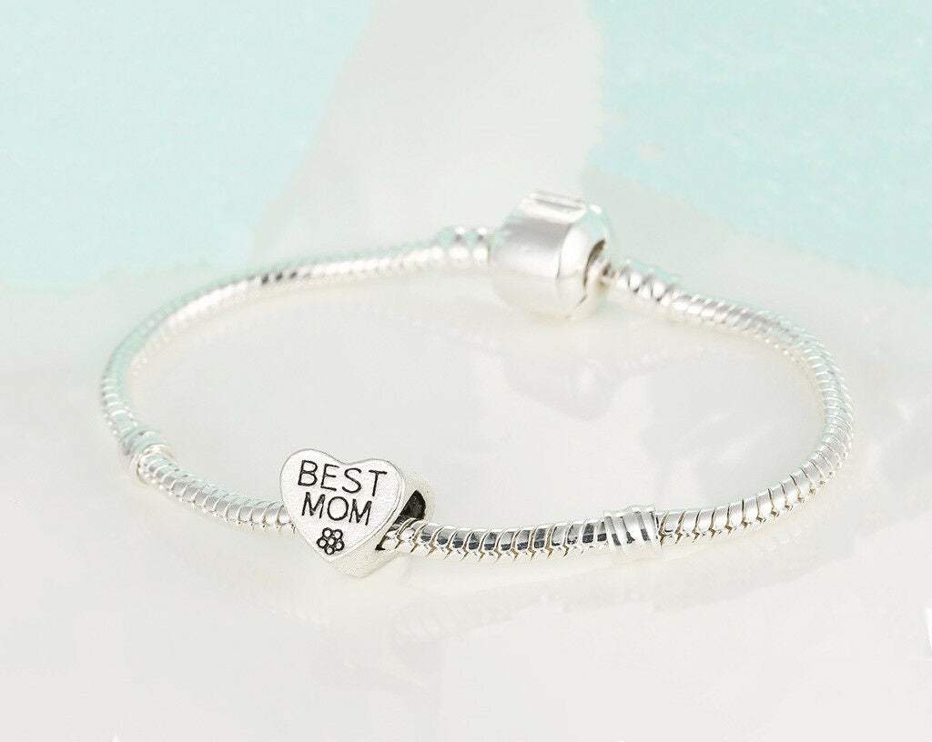 Valentines 925 Sterling Silver Large 8 1/4" Inch Best Mom Heart Bracelet +GiftPk