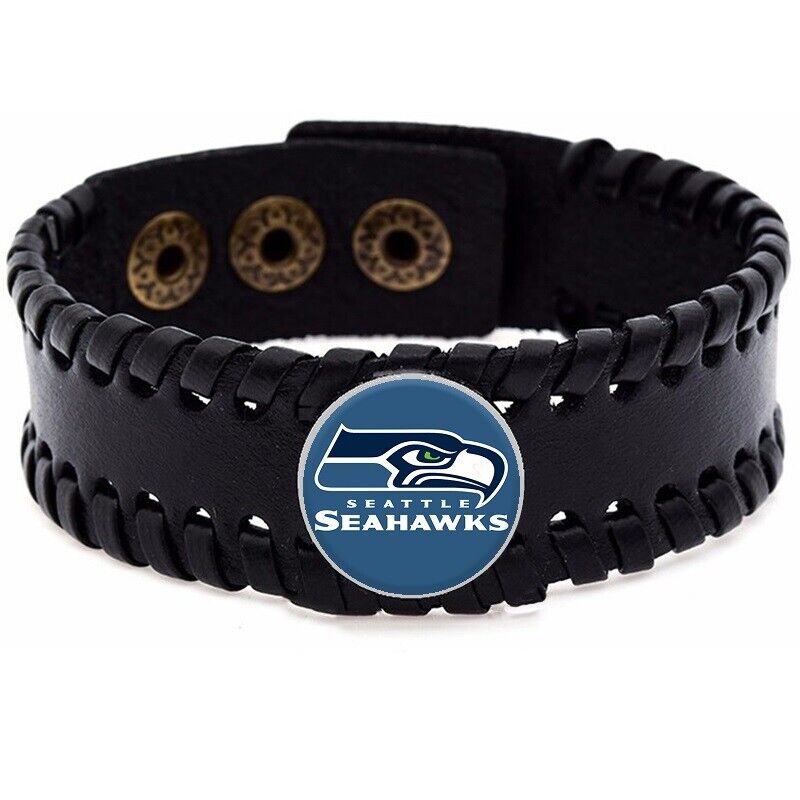 Seattle Seahawks Men'S Women'S Black Leather Bracelet Football Gift D8-1