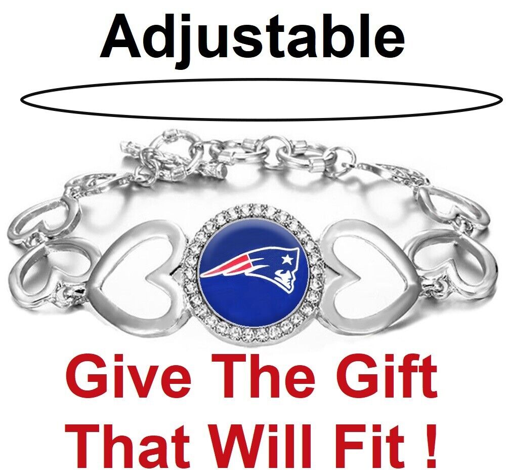 New England Patriots Womens Silver Heart Link Adjust. Bracelet Wgiftpkg D27