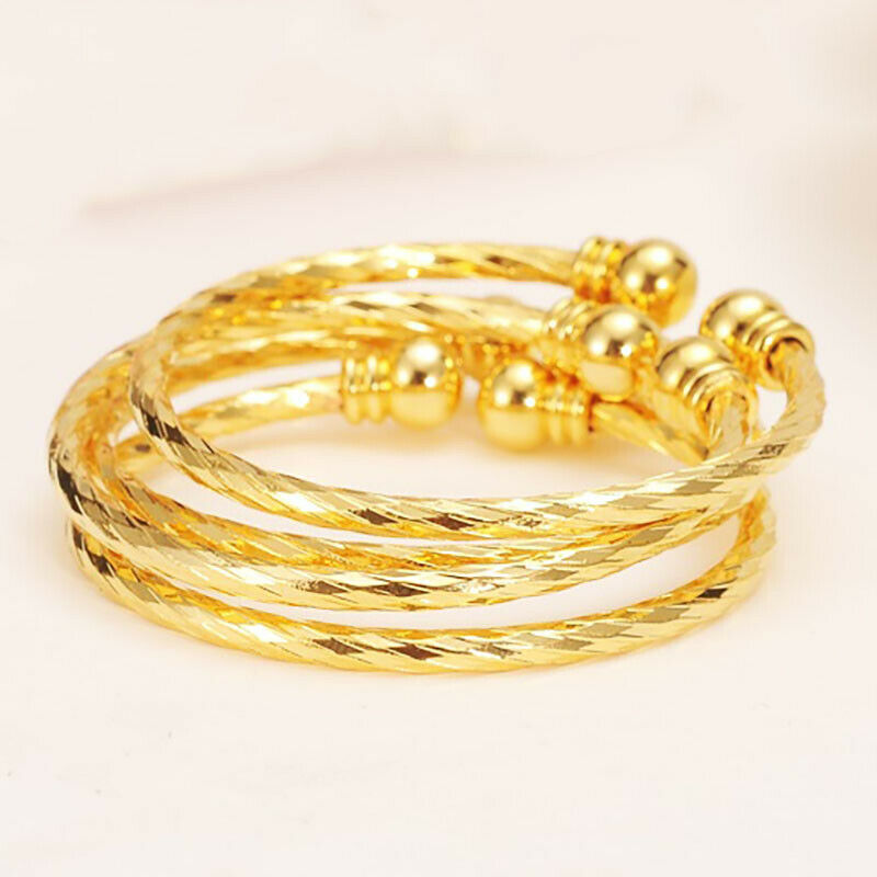 2 Pc 18k Yellow Gold Womens Cuff Bracelets Bangles Adjustable 7" 7.5" 8" D945