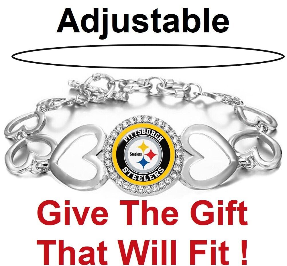 Special Pittsburgh Steelers Womens Silver Heart Link Adjust. Bracelet Gift D27