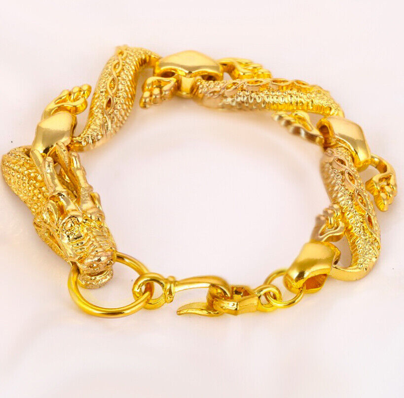 18k Yellow Gold Small 7" Dragon Link Chain Bracelet Mens Women's w Gift Pkg D215