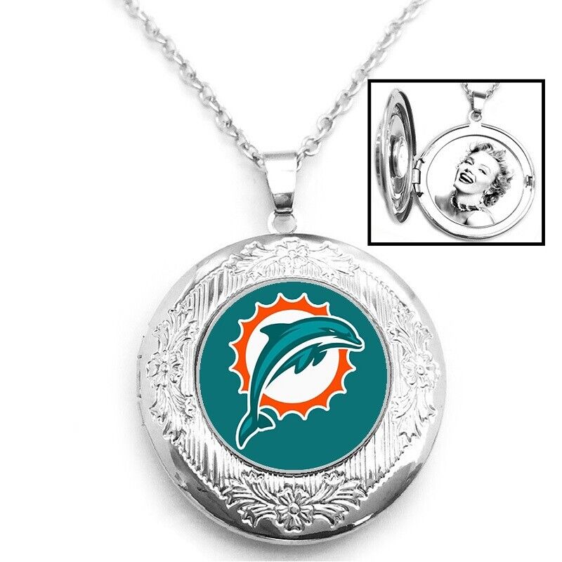 Miami Dolphins Womens 925 Silver 20" Link Chain Necklace And Photo Locket D16