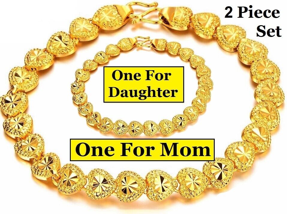 2 PieceSet Mother Daughter 24k Gold Linked Hearts Bracelets Womens Kids D149