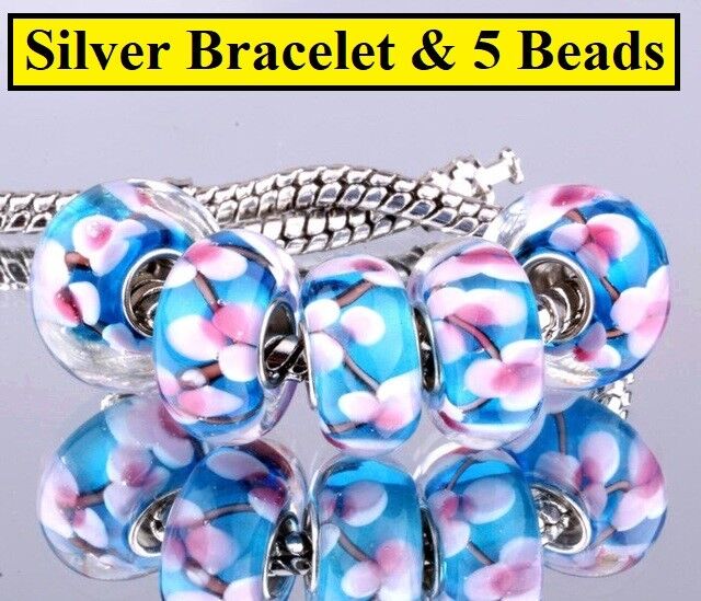 Mother's Day 925 Sterling Silver Bracelet 5 Blue & Pink Floral Murano Beads D92