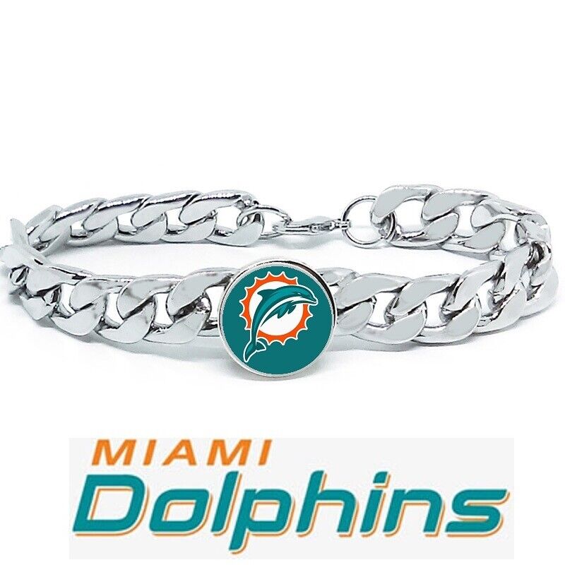 Miami Dolphins Silver Mens Curb Link Chain Bracelet Football Gift D4