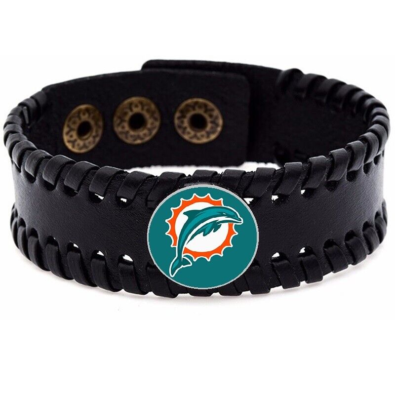 Miami Dolphins Mens Womens Black Leather Bracelet Bangle Football Gift D8-1