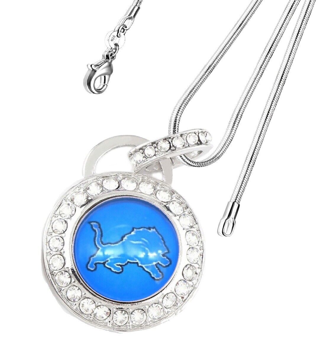 Detroit Lions Sterling Silver Womens Link Chain Necklace Crystal Pendant D17