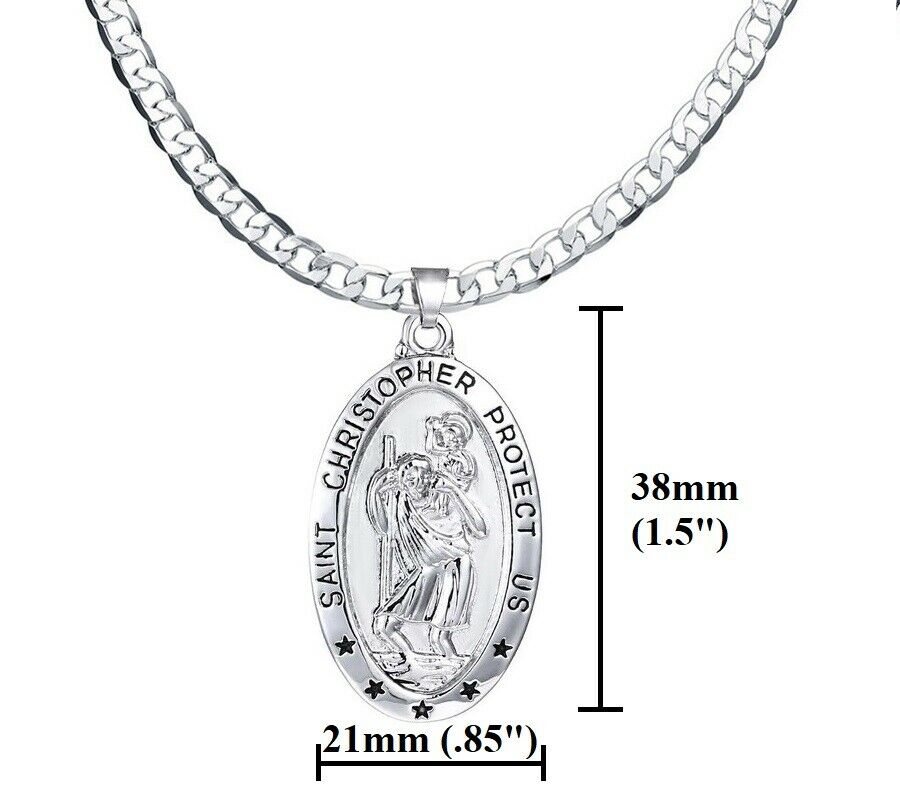 Women's 925 Sterling Silver 20" Oval Saint Christopher Chain Link Necklace