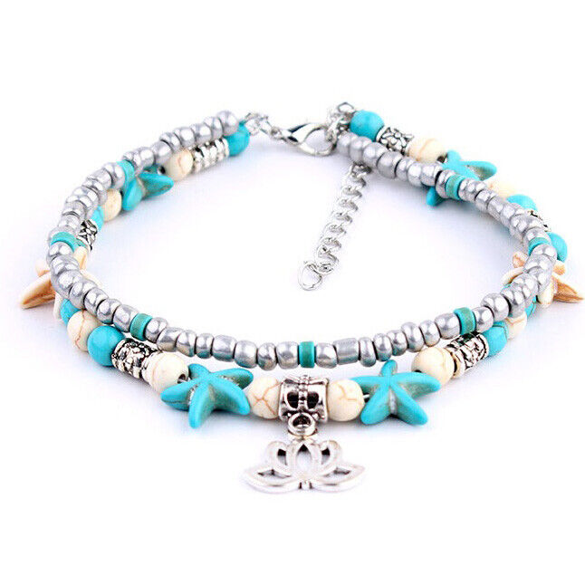 Womens Starfish Flower Silver Bead Anklet Ankle Bracelet Adjusts 8" to 10" D603