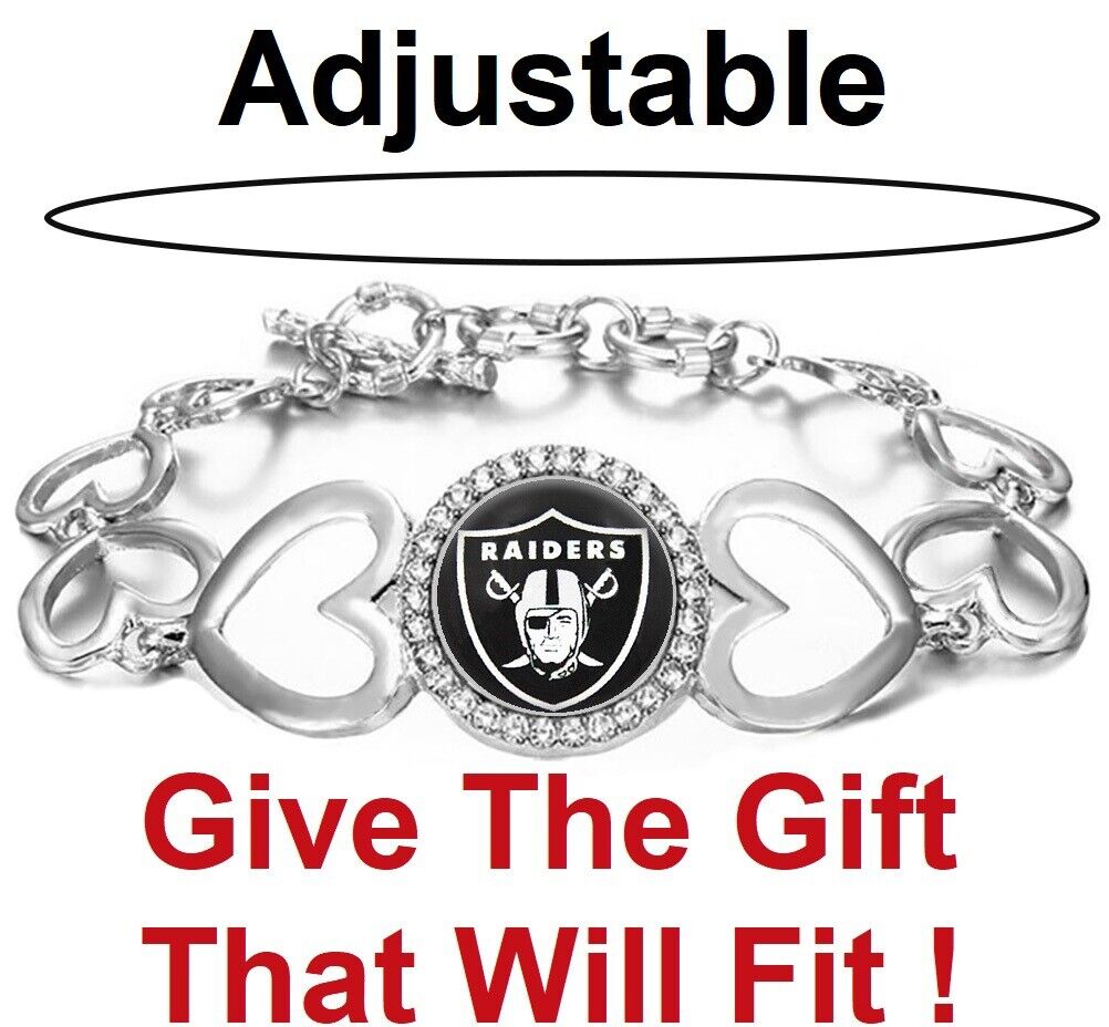 Special Oakland Raiders Womens Silver Heart Link Adjust. Bracelet Gift D27