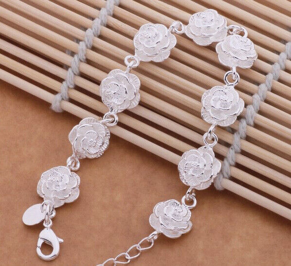 Mothers 925 Sterling Silver Womens Flower Links Chain Small 7" Bracelet D455B