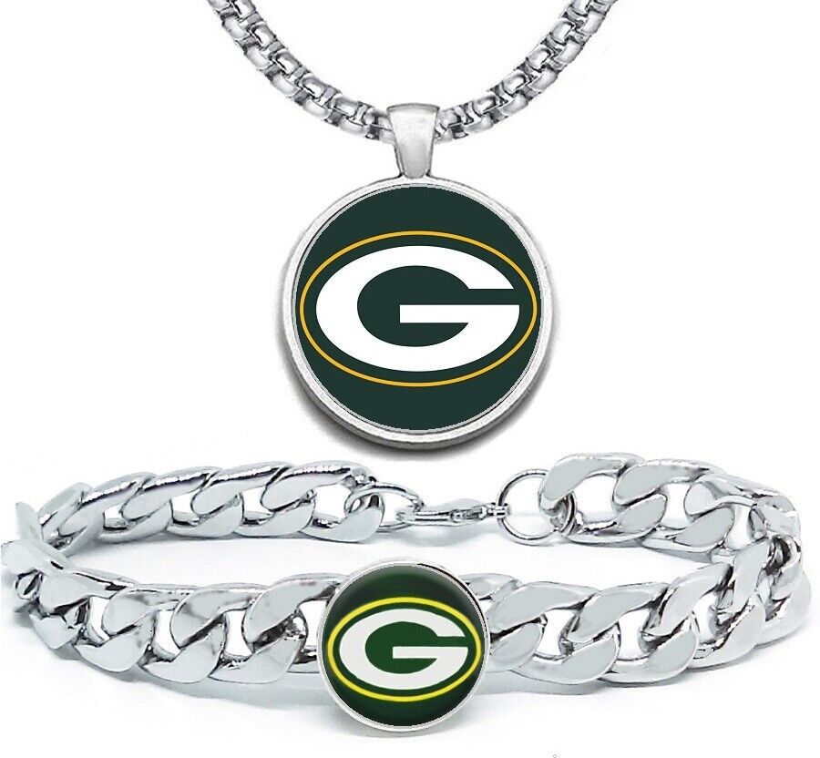 Green Bay Packers Mens Gift Set Stainless 24" Necklace Bracelet D4D30