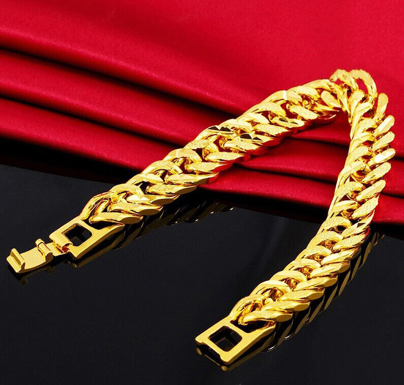 18k Yellow Gold 8" Men's Wide Cuban Curb Double Link Chain Bracelet D9747