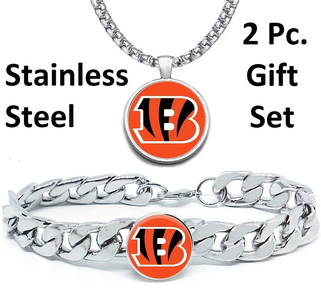 Large Cincinnati Bengals Mens Gift Set Stainless 24" Necklace Bracelet D4D30