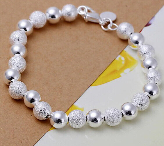 925 Sterling Silver Elegant Bracelet Women's 8mm Beaded Beads D24B