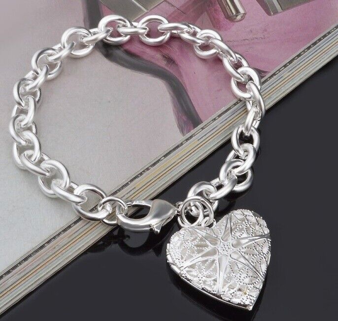 925 Sterling Silver Small 7"  Women's Photo Locket Link Chain Bracelet D551C