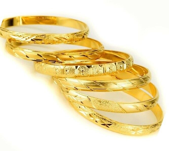 6 Piece Set 18k Yellow Gold Bracelets Bangles Women's Elegant Italian Cut D415D