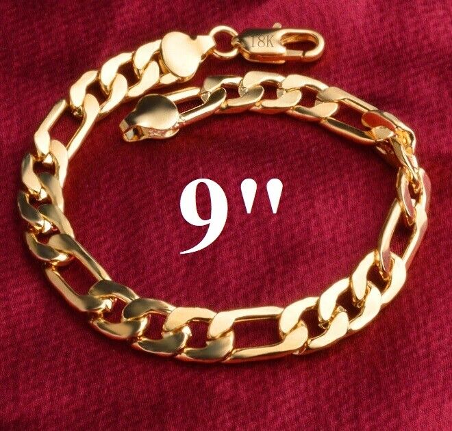 18k Yellow Gold Mens Large 9" Inch Figaro Curb Link Chain Bracelet GF D698